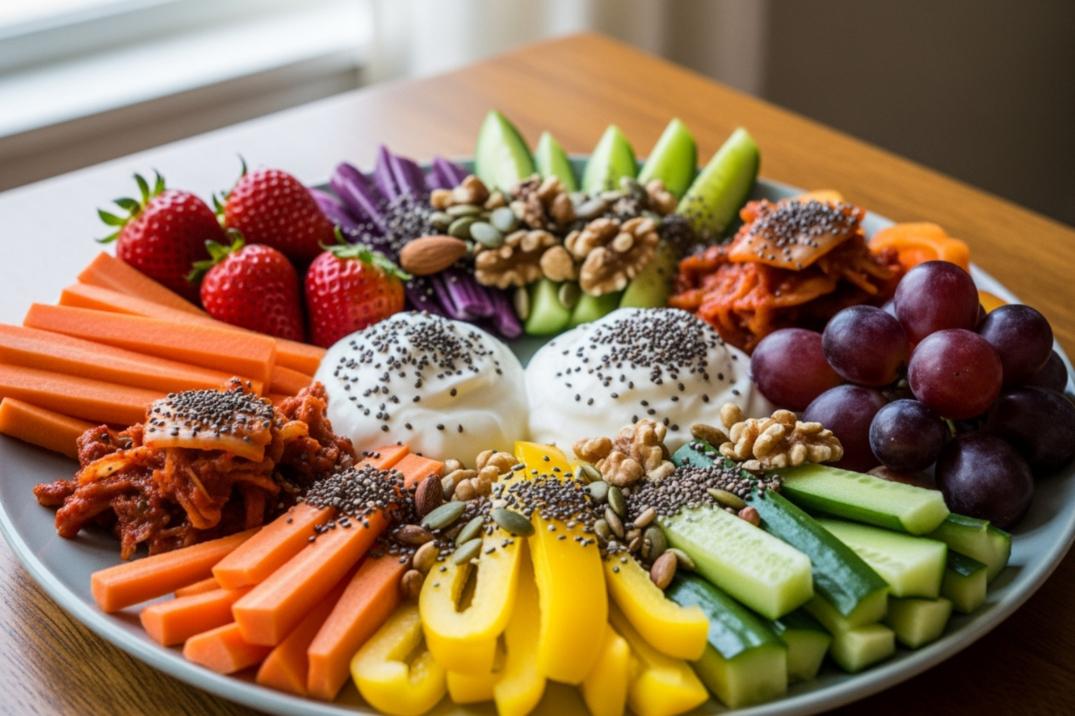 Colorful plate featuring fiber-rich fruits and vegetables, fermented foods like kimchi and yogurt, and a sprinkle of nuts and seeds, representing a gut-healthy diet. - Gut health and skin