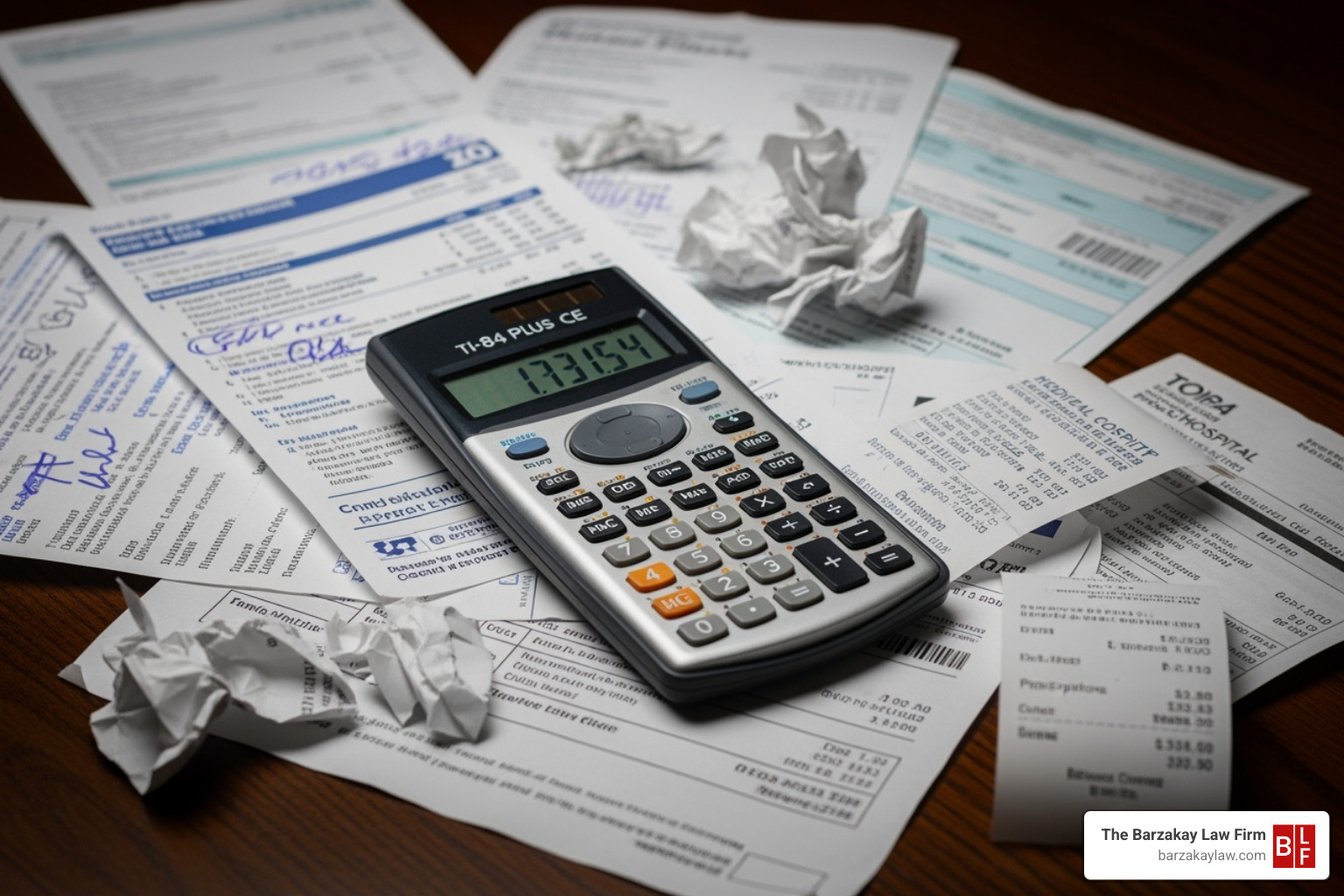 a calculator with medical bills and receipts