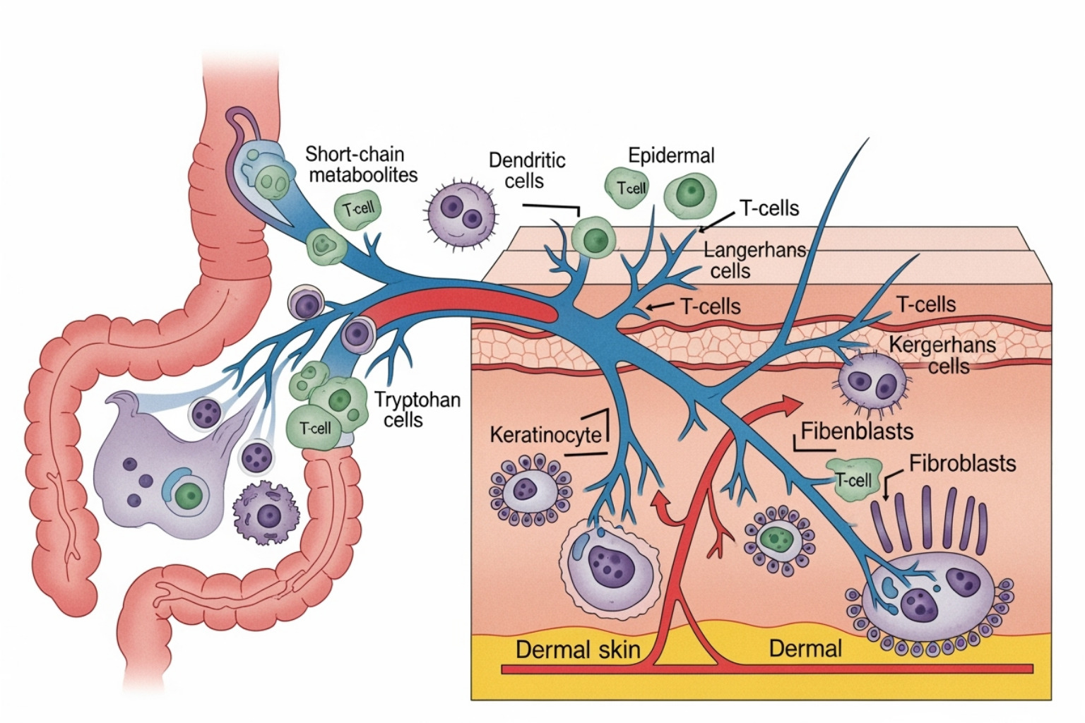 Illustration showing immune cells and microbial metabolites originating in the gut, traveling through the bloodstream, and impacting various skin layers and cells, including keratinocytes, immune cells, and fibroblasts. - Gut health and skin