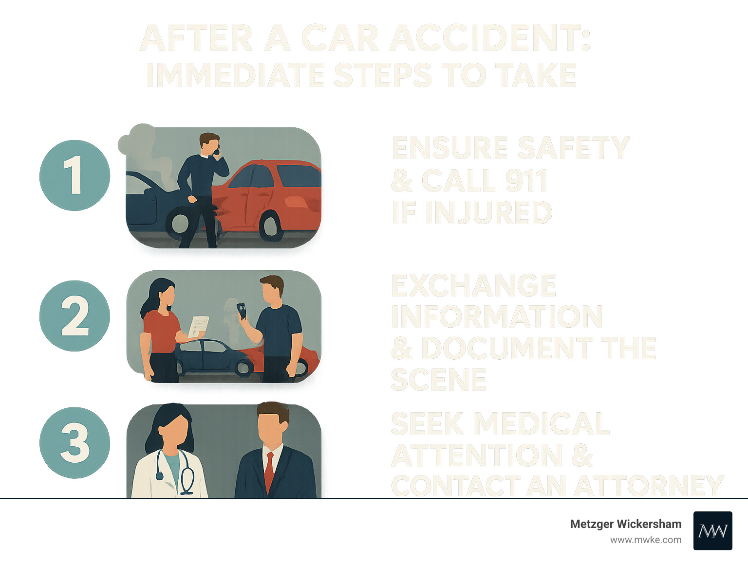 Infographic detailing three immediate steps to take after a car accident: 1. Ensure safety & call 911 if injured. 2. Exchange information & document the scene with photos. 3. Seek medical attention & contact an attorney. - Car accident attorney Lancaster infographic 