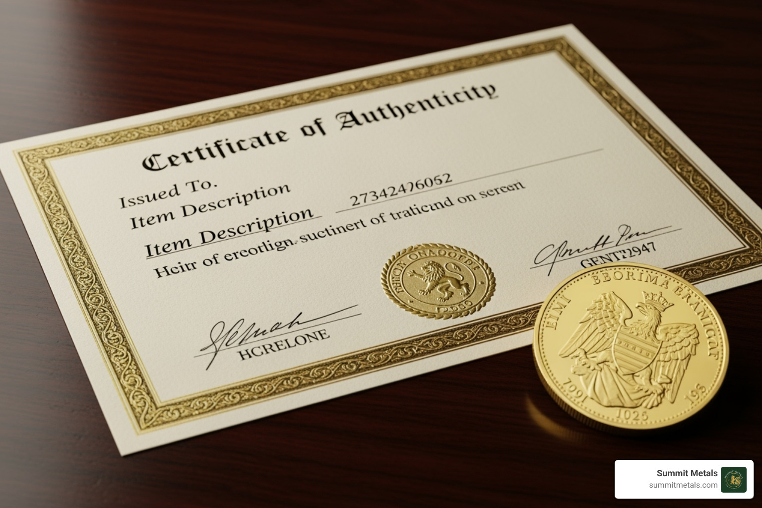 certificate of authenticity next to a gold coin - Reputable gold dealer
