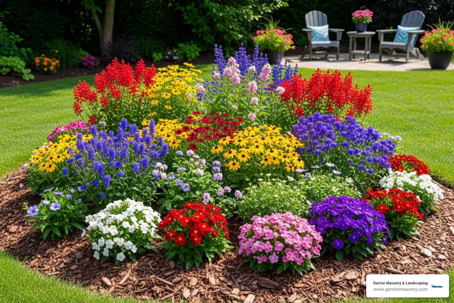 colorful perennial garden bed with mulch - easy backyard landscaping ideas