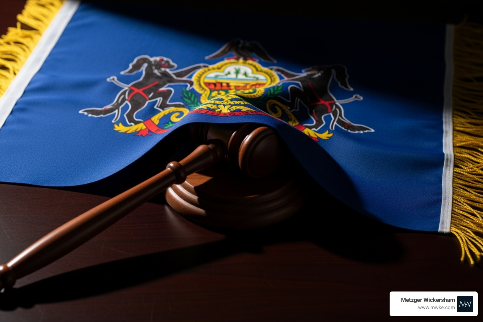 The Pennsylvania state flag over a gavel - Car accident attorney Lancaster