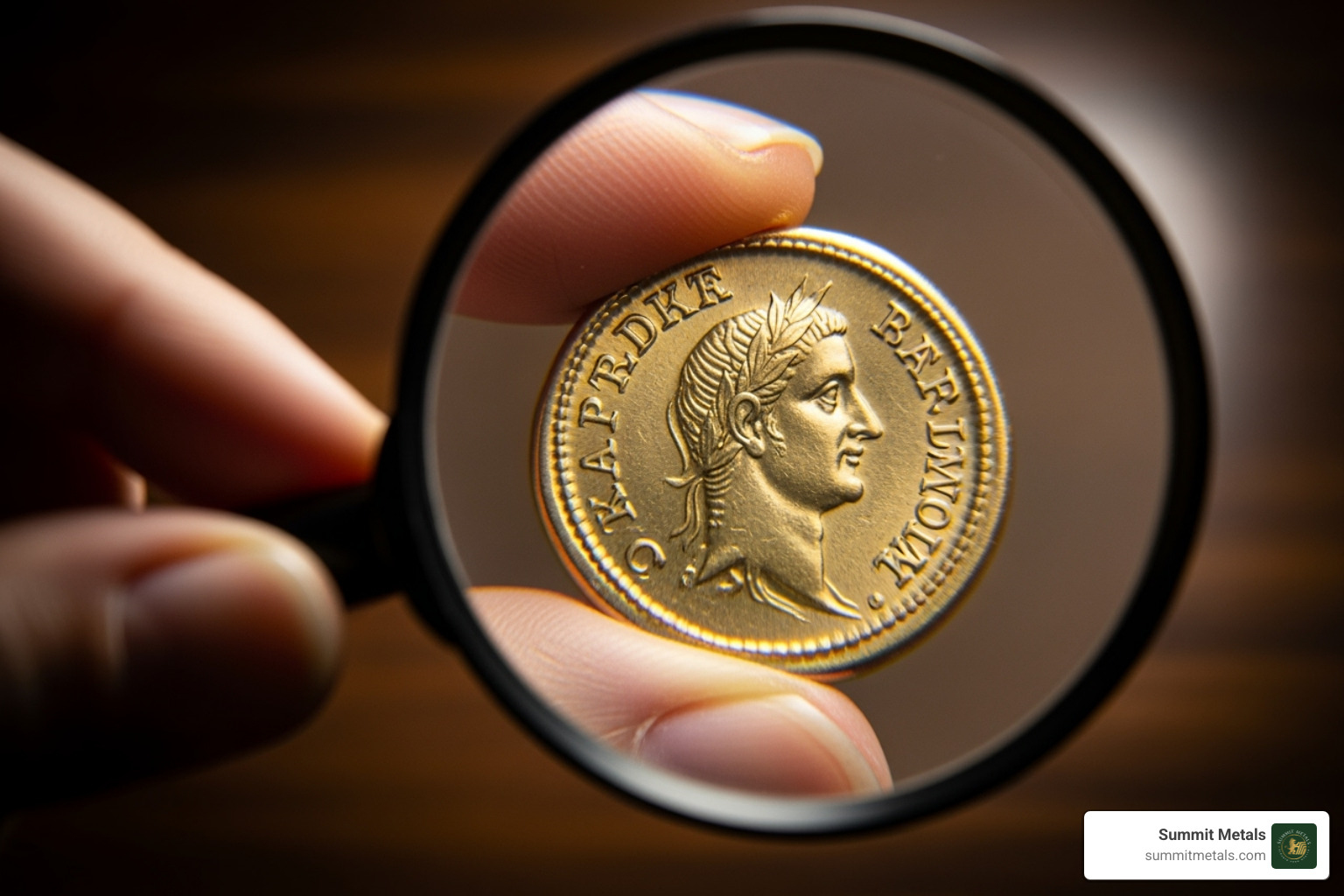 magnifying glass over a gold coin looking for imperfections - Reputable gold dealer