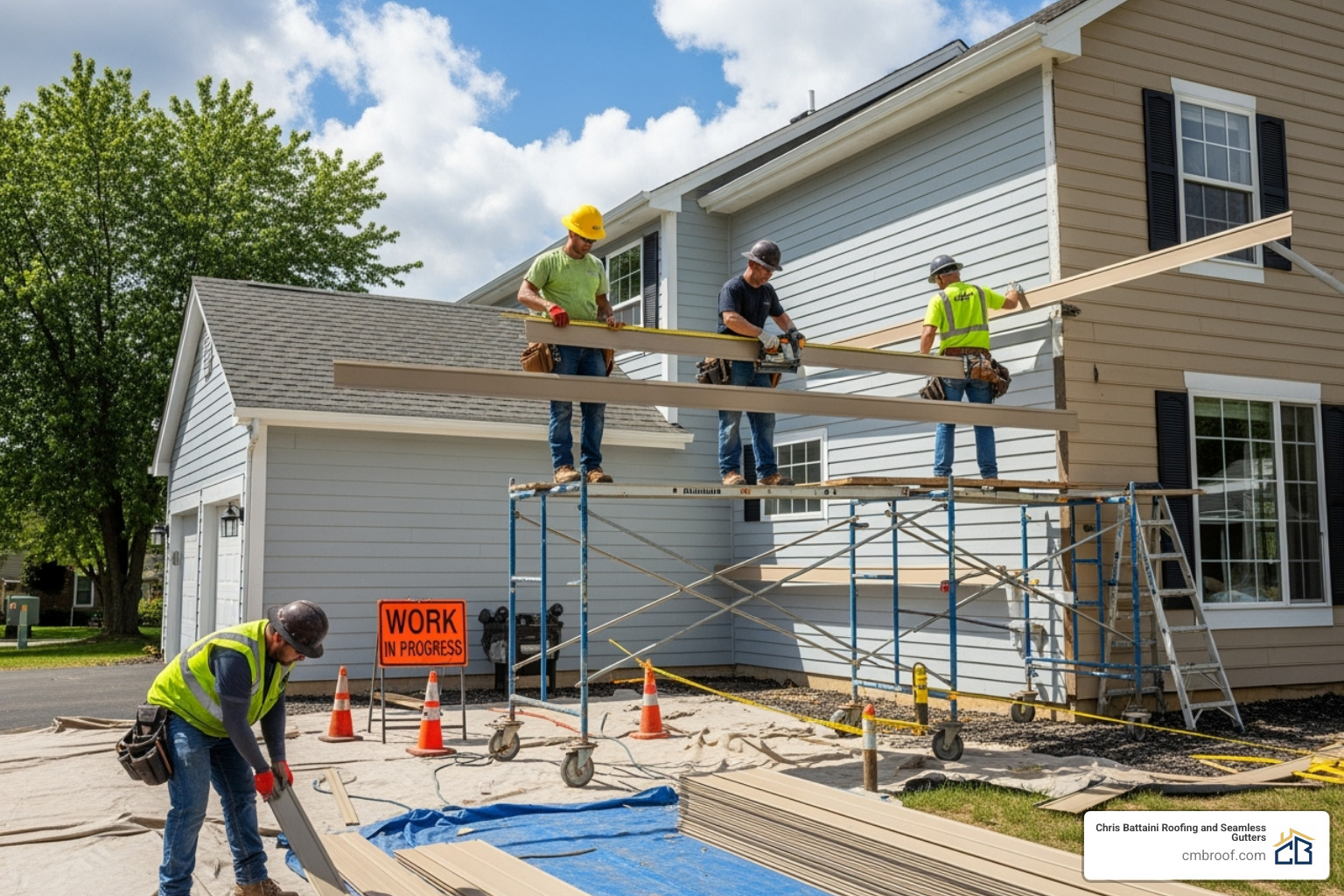 A professional team installing new siding on a house, demonstrating careful attention to detail and safety. - roofing and siding companies