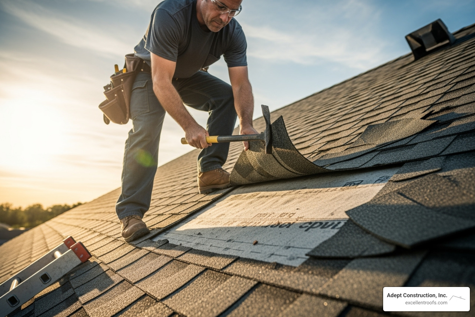 roofer carefully replacing a damaged asphalt shingle - repair asphalt shingle roof naperville il
