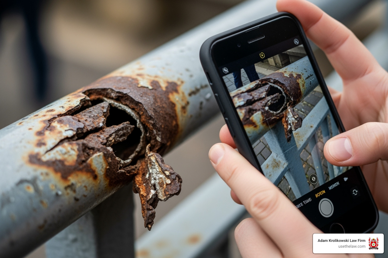 person taking photo of a broken handrail - premises liability lawyer near me
