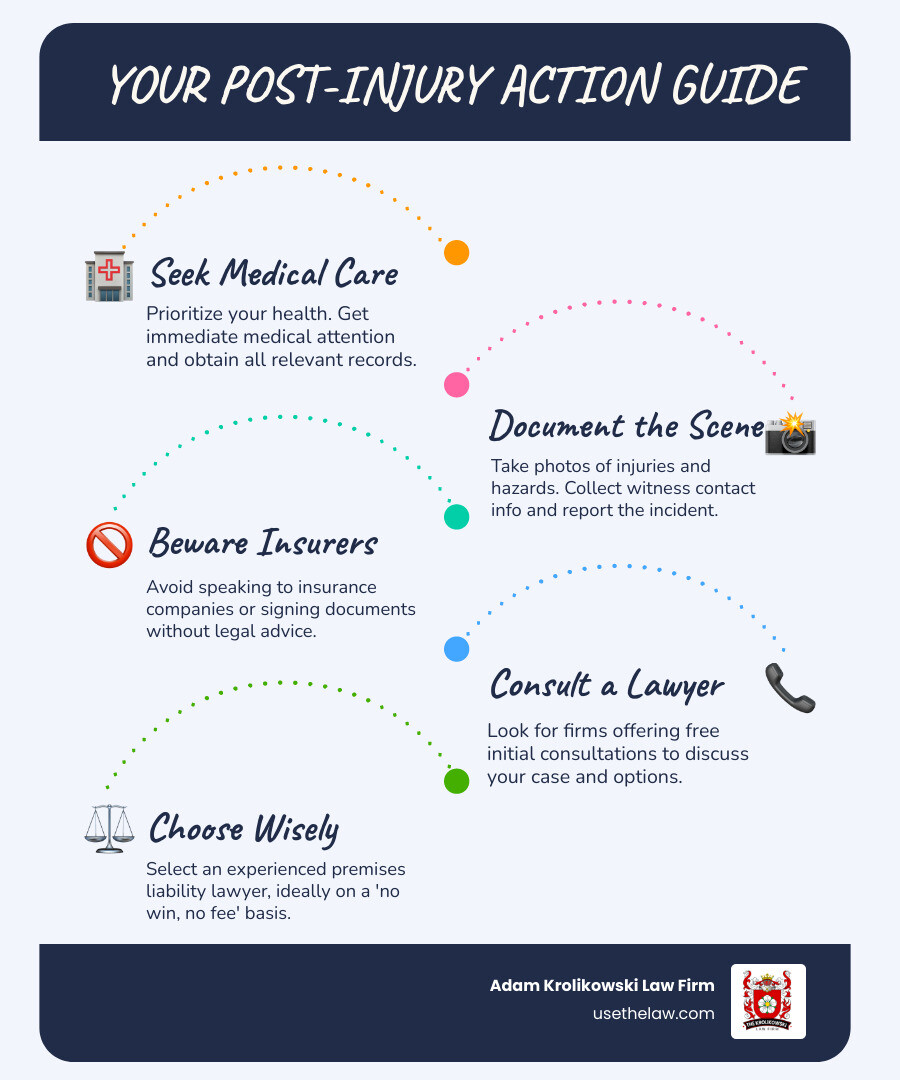Infographic detailing the essential actions to take after an injury on another's property and key qualities to look for when choosing a premises liability lawyer, including prioritizing medical treatment, documenting the incident thoroughly, avoiding direct communication with insurance companies, and seeking legal counsel that offers free consultations and operates on a contingency fee basis. - premises liability lawyer near me infographic infographic-line-5-steps-blues-accent_colors