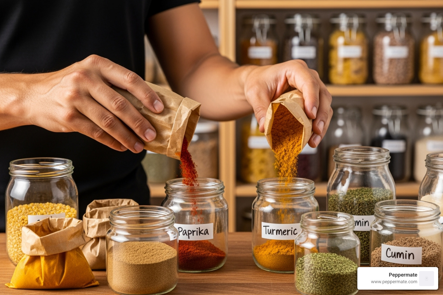 Spices being transferred from bags to airtight glass jars in a neat pantry - gourmet spices online