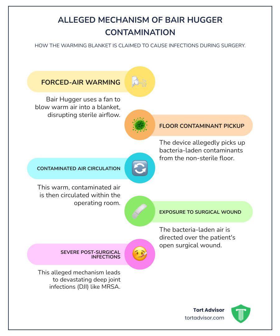 Infographic detailing the alleged mechanism of how the Bair Hugger circulates contaminated air in an operating room, leading to surgical site infections - bair hugger lawsuit infographic infographic-line-5-steps-colors