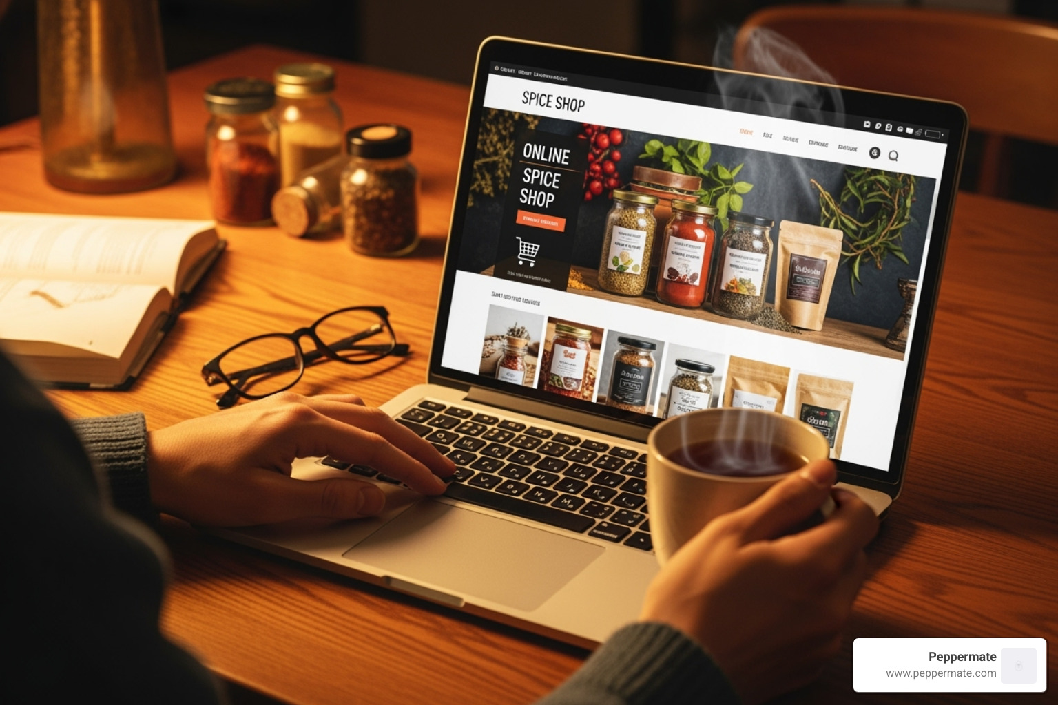 A person browsing an online spice shop on a laptop with a cup of tea nearby - gourmet spices online