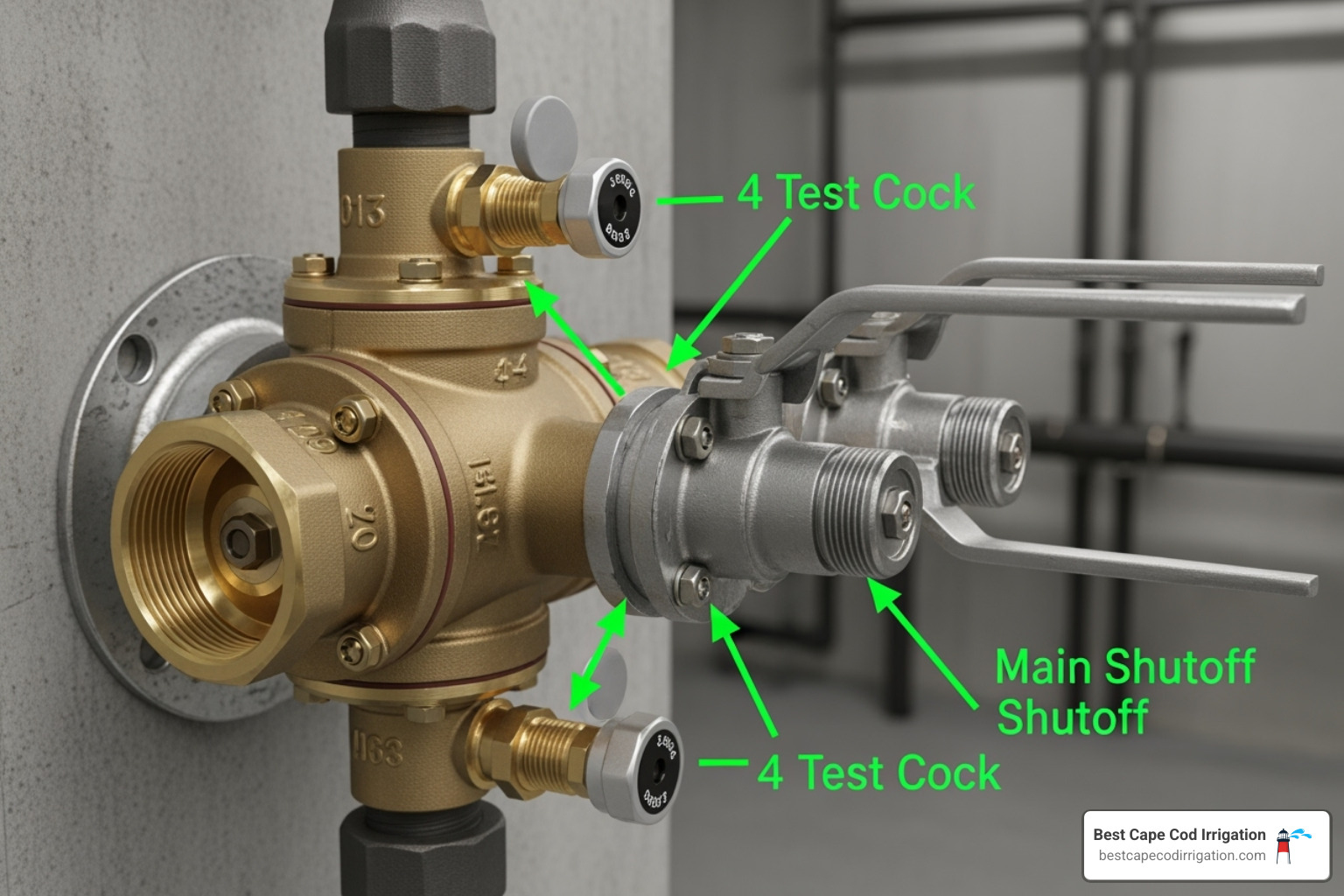 backflow preventer with arrows pointing to test cocks and shutoff valves - sprinkler system spring