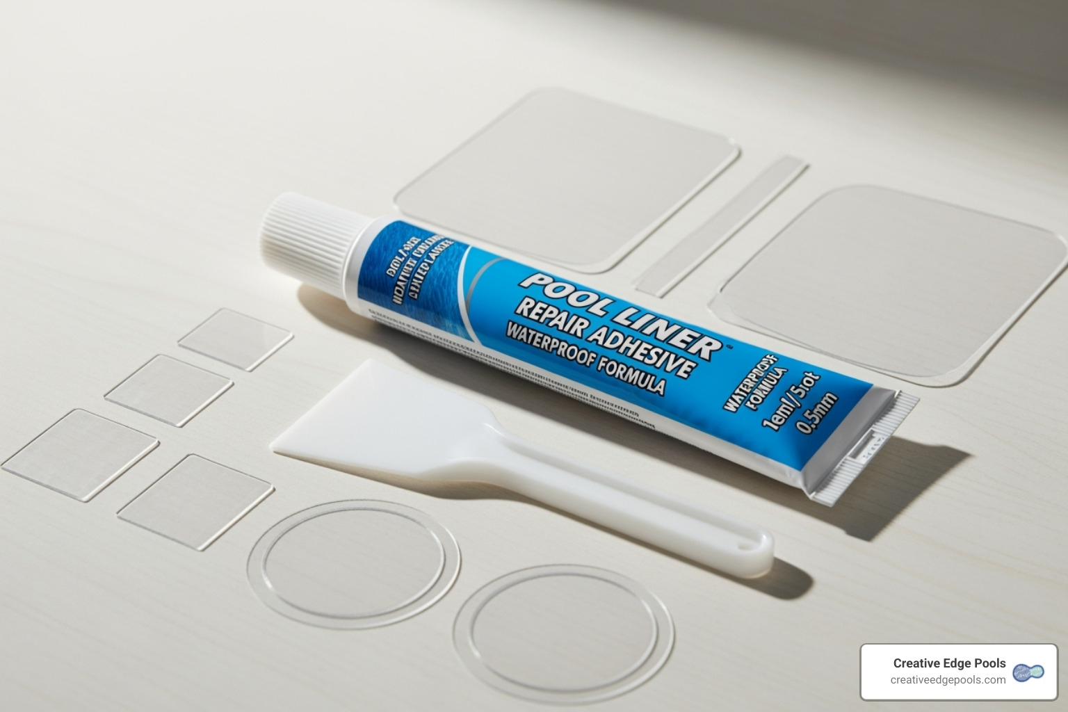 Components of an above ground pool liner repair kit: vinyl patches, waterproof adhesive, and an applicator - above ground pool liner repair kit