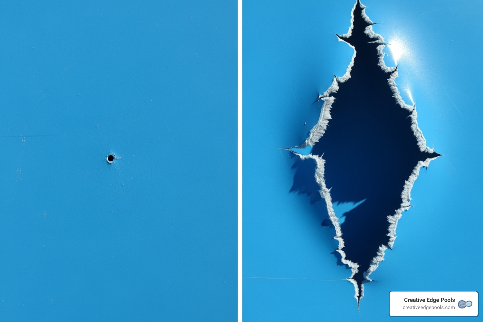 Comparison of small, patchable pinhole leak and large, brittle tear requiring liner replacement - above ground pool liner repair kit