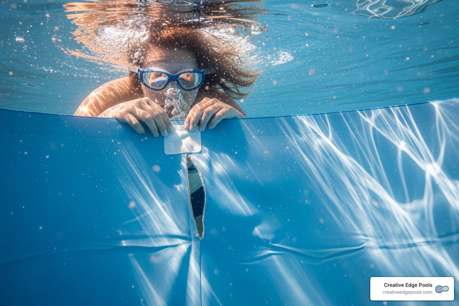 Person wearing goggles applying a patch to a pool liner underwater - above ground pool liner repair kit