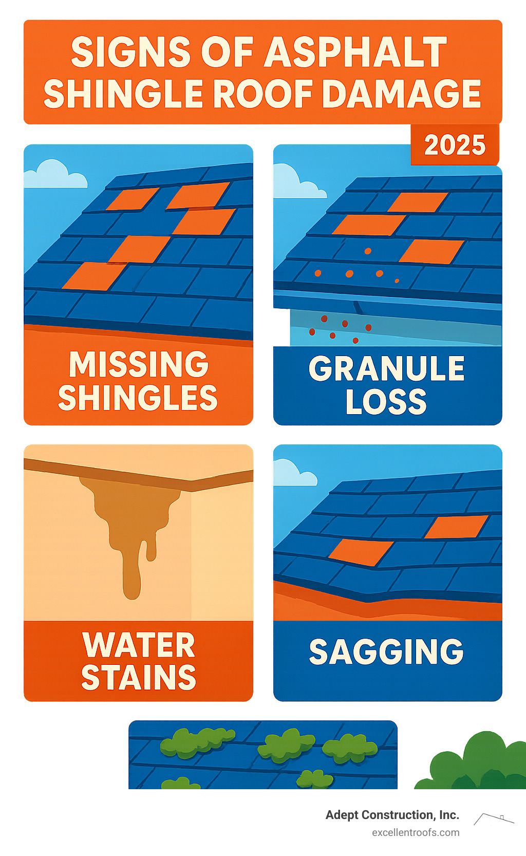 Infographic illustrating five key indicators of asphalt shingle roof damage, including missing shingles, granule loss, water stains, sagging, and moss growth - repair asphalt shingle roof naperville il infographic 