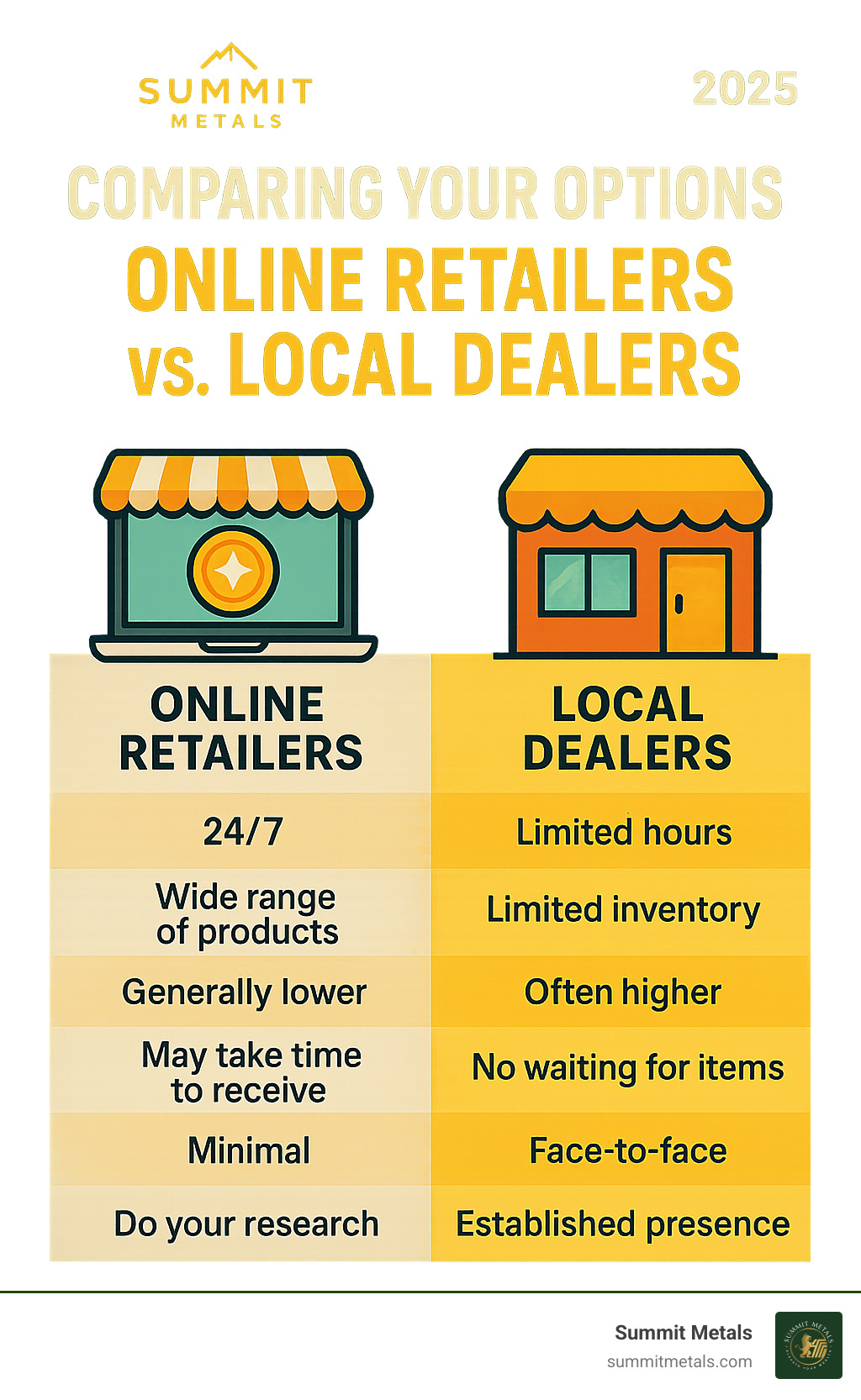 table comparing online retailers and local dealers - Reputable gold dealer infographic 