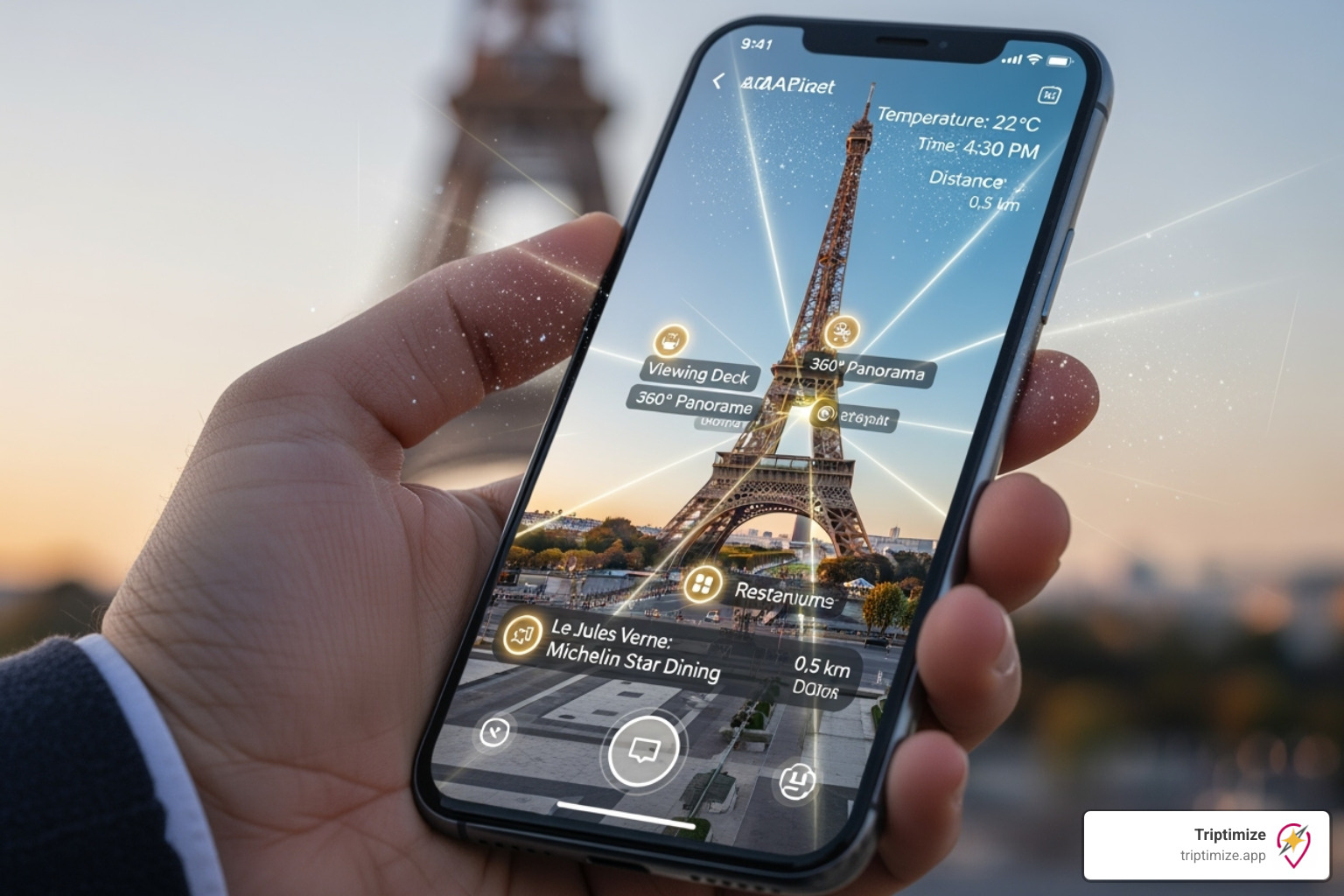 a futuristic travel interface with augmented reality elements on a smartphone screen, showing local landmarks - all in one trip planner