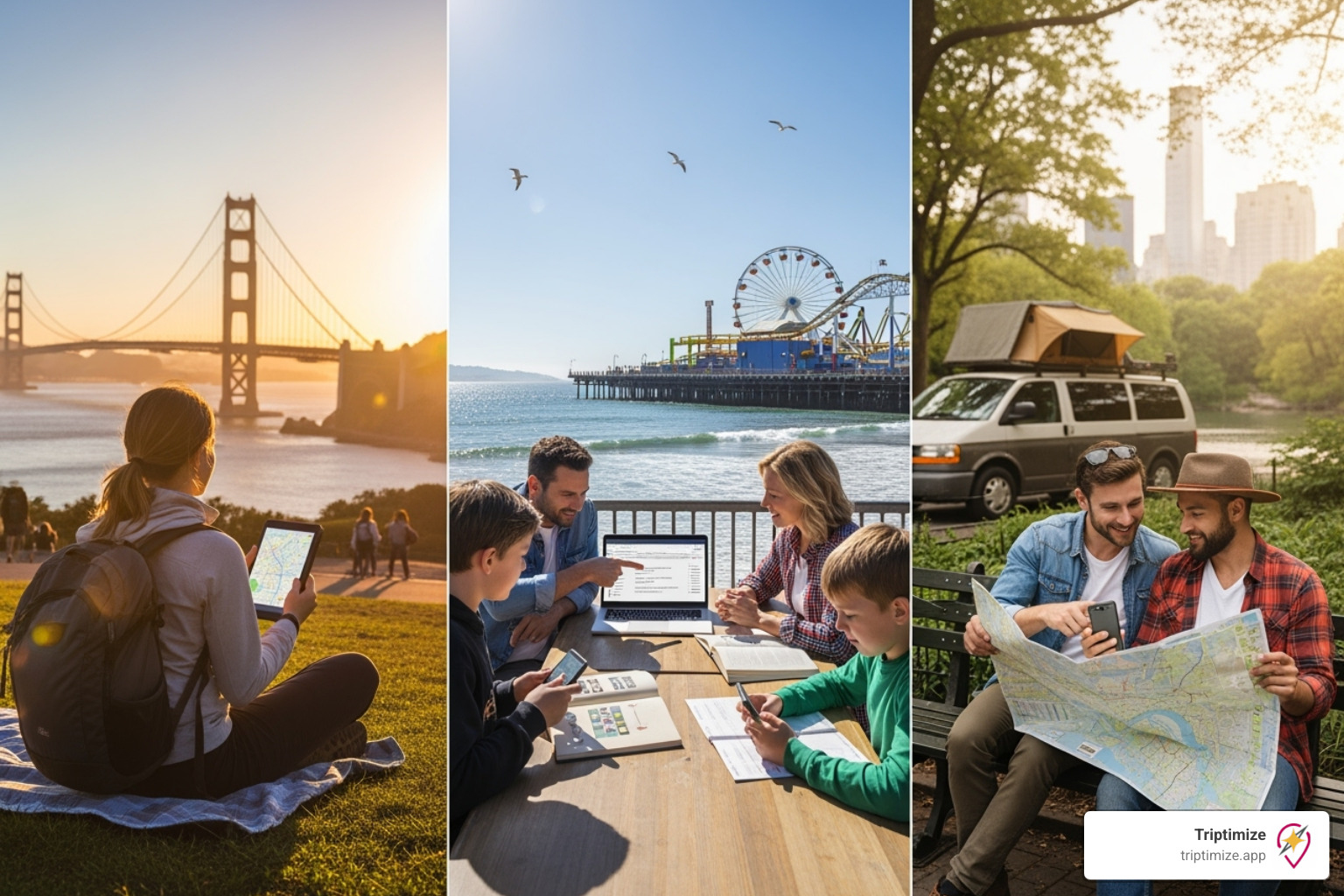 a diverse group of travelers (solo, family, road trippers) using different devices to plan their trips in local hotspots like Golden Gate Park, Santa Monica Pier, Central Park, and Lady Bird Lake - all in one trip planner