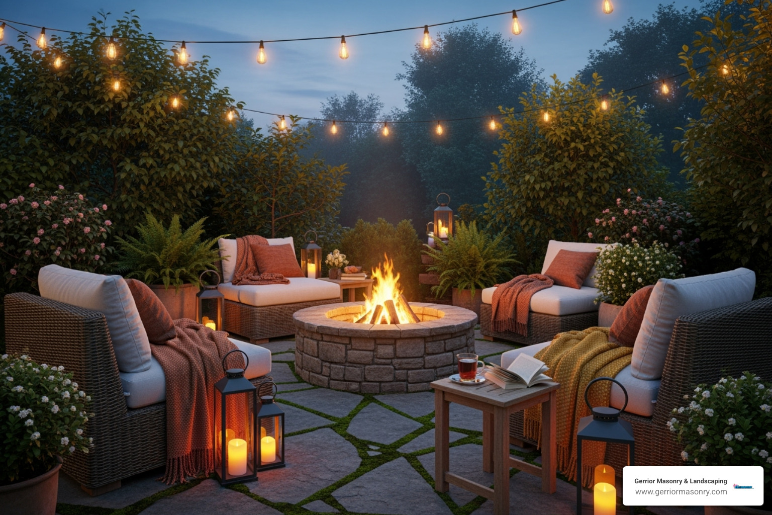 cozy backyard patio with a fire pit and comfortable seating - easy backyard landscaping ideas
