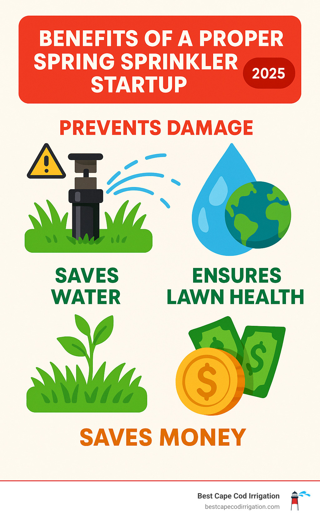 Infographic detailing the benefits of a proper spring sprinkler startup: prevents damage, saves water, ensures lawn health, saves money - sprinkler system spring infographic 