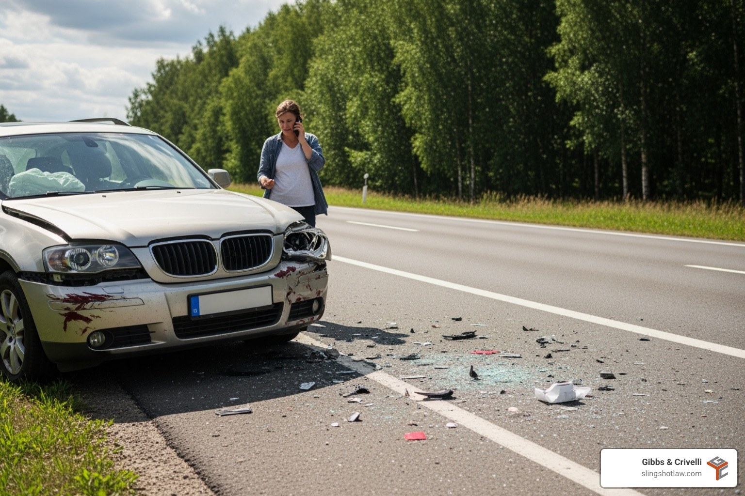 A person on the phone at the side of the road after an accident - 18 wheeler accident attorneys