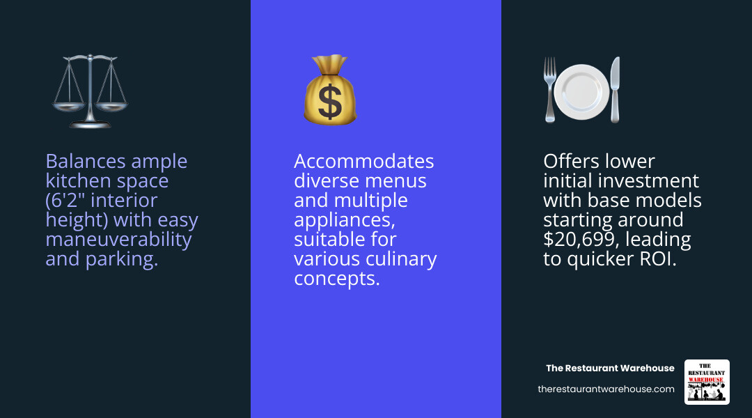 Infographic detailing the key advantages of a 16 ft food trailer size, illustrating the balance between kitchen space and mobility, its cost-effectiveness compared to larger options, and its versatility for various food concepts. - 16 ft food trailer infographic 3_facts_emoji_blue