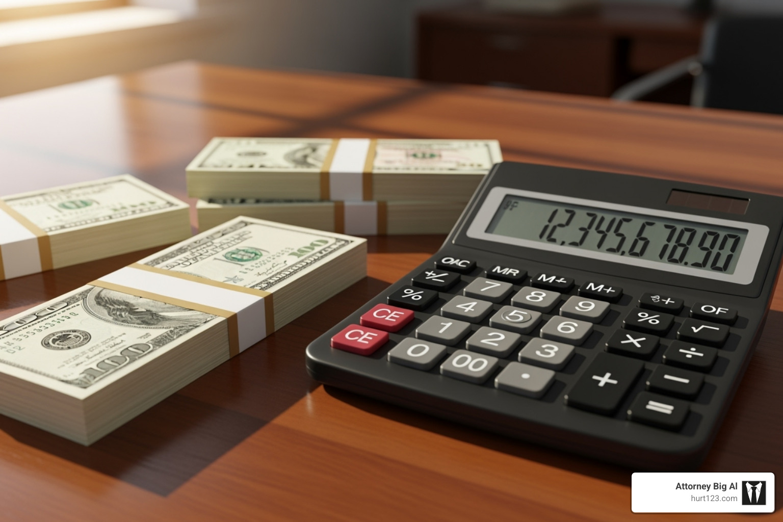 Calculator and stacks of money representing damages - Can I sue insurance company Calculator and stacks of money representing damages - Can I sue insurance company