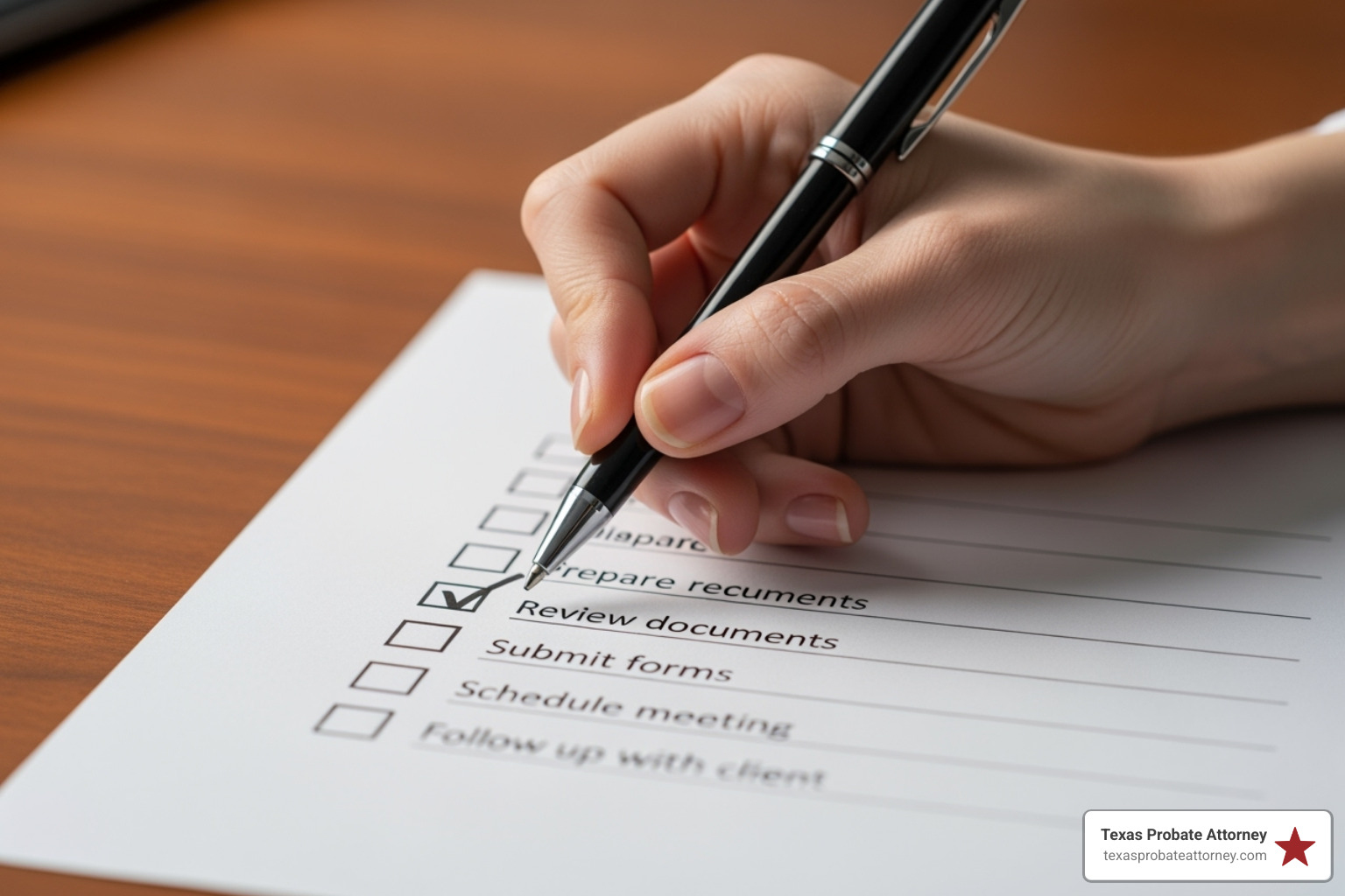 checklist with items like File Inventory and Notify Creditors - what is an independent administrator in texas