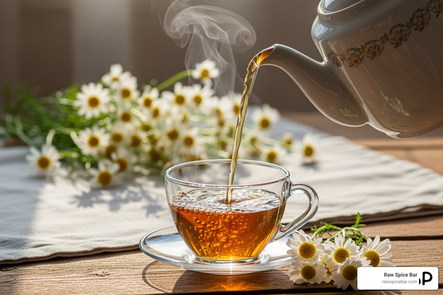 Chamomile tea being poured into a cup - herbs for healing