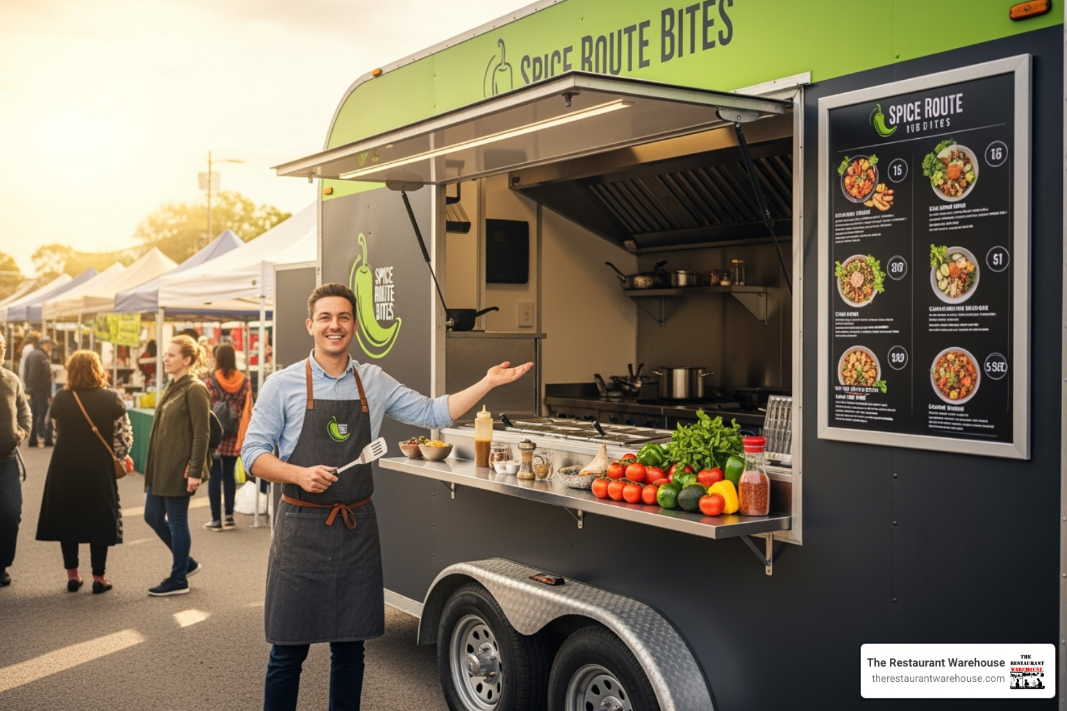 Successful 16 ft food trailer owner smiling in front of their business - 16 ft food trailer