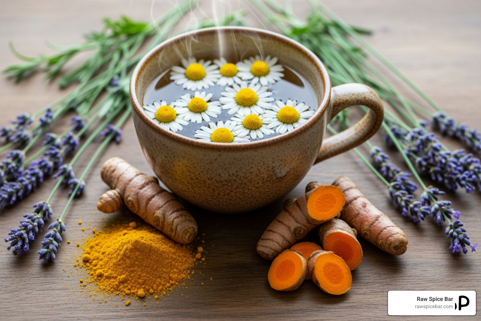 Turmeric root and powder, chamomile flowers in a teacup, and lavender sprigs - herbs for healing