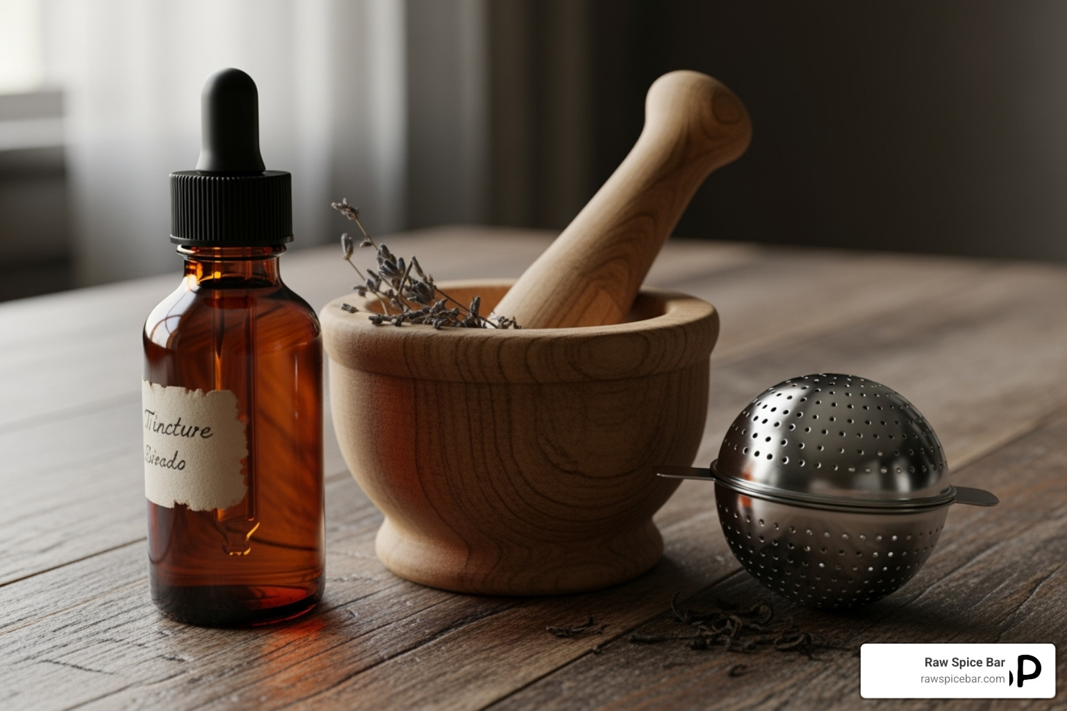 Various herbal preparations: a tincture bottle, a mortar and pestle, and a tea infuser - herbs for healing