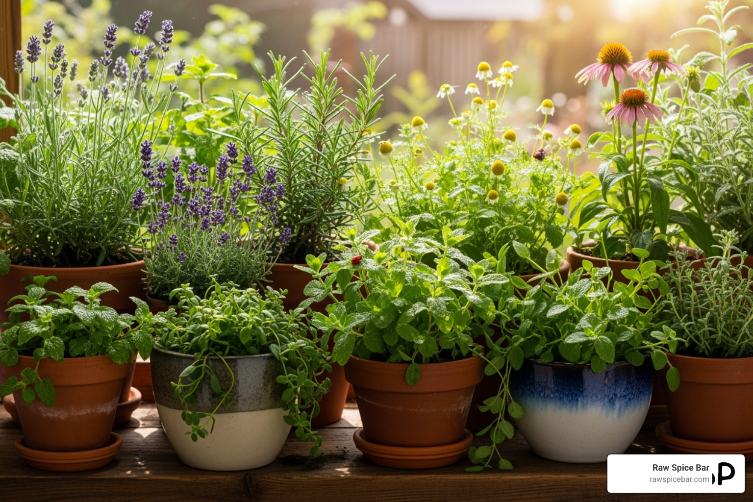 A small, thriving medicinal herb garden in pots on a windowsill or patio - herbs for healing
