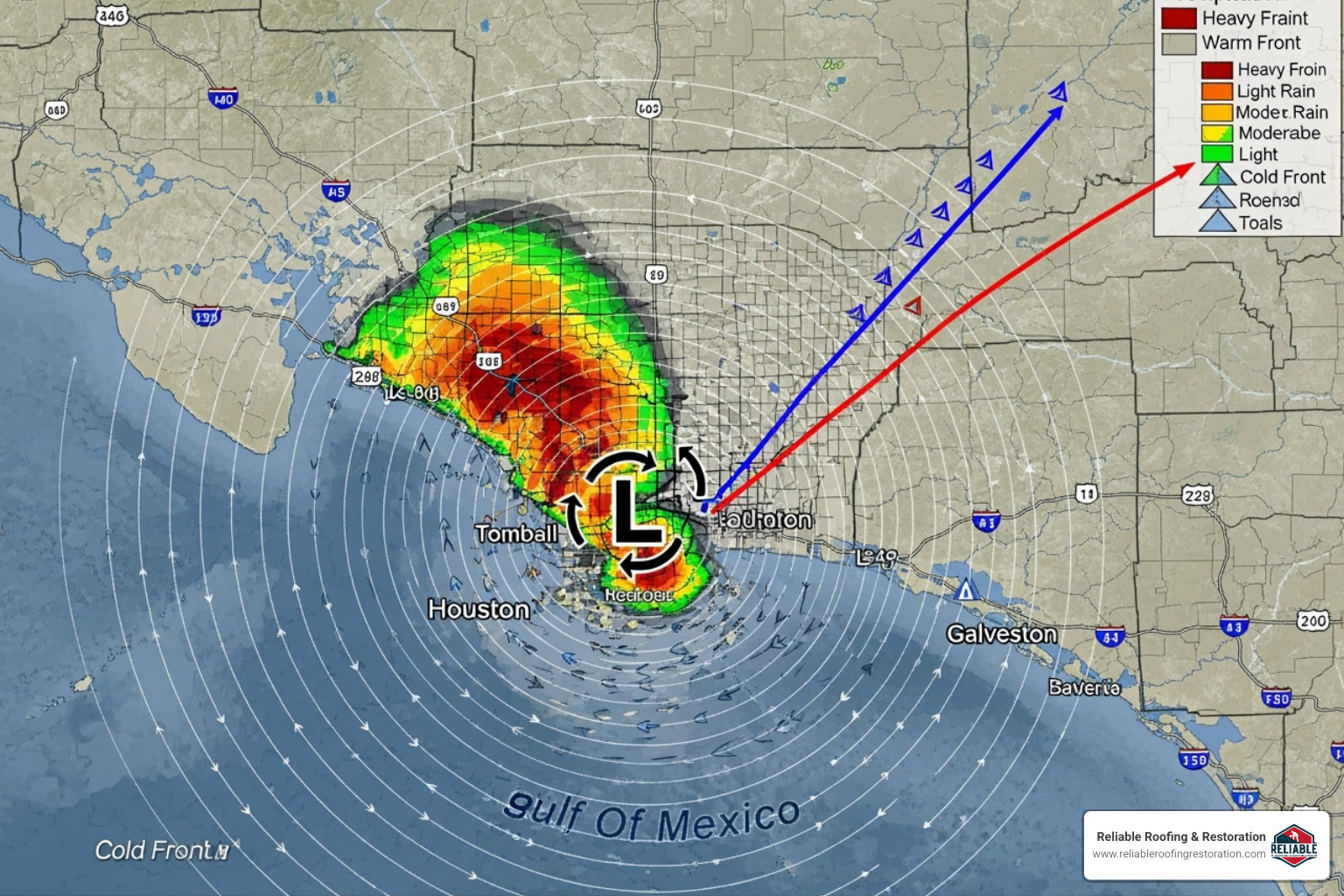 weather map showing a storm system over the Houston/Tomball area - home roof repair tomball tx weather map showing a storm system over the Houston/Tomball area - home roof repair tomball tx