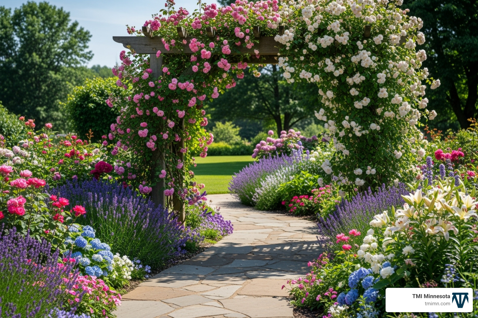 A garden path winding through flower beds towards a pergola covered in climbing roses - Flower garden designs