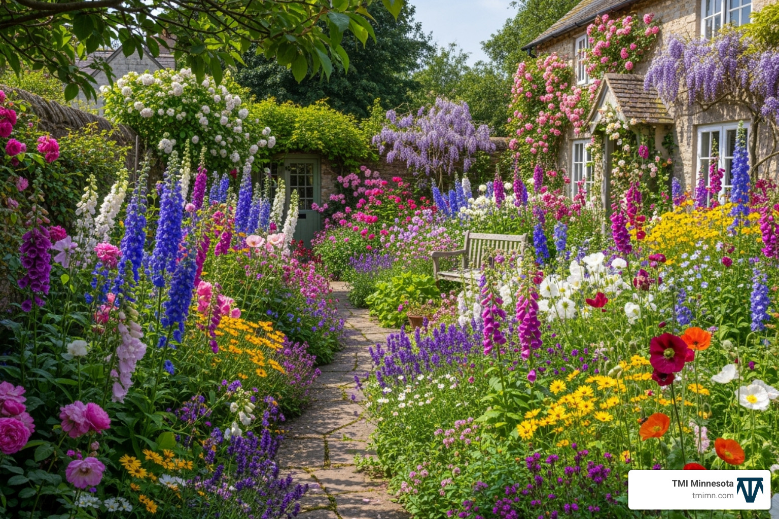 A classic English cottage garden with overflowing flower beds - Flower garden designs
