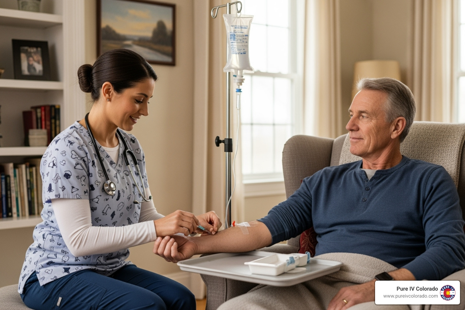 registered nurse administering an IV in a non-clinical setting like a home or hotel room - how long does a myers cocktail iv last