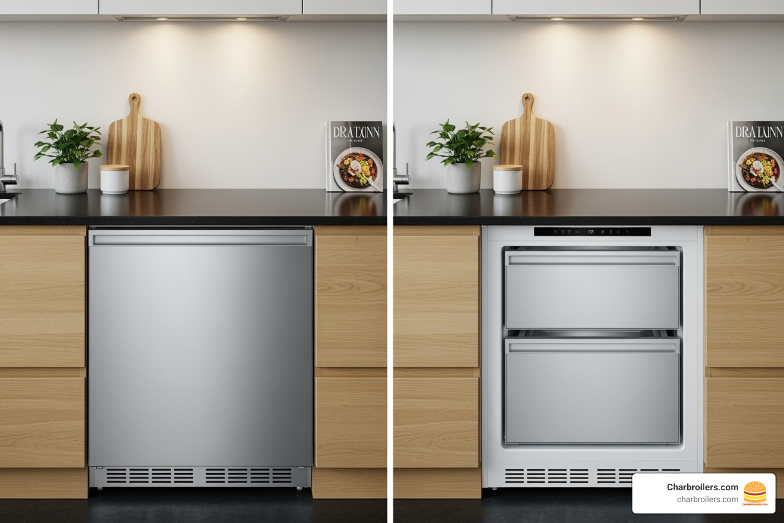 side-by-side comparison of a solid door under cabinet freezer and a two-drawer under cabinet freezer. - under cabinet freezer