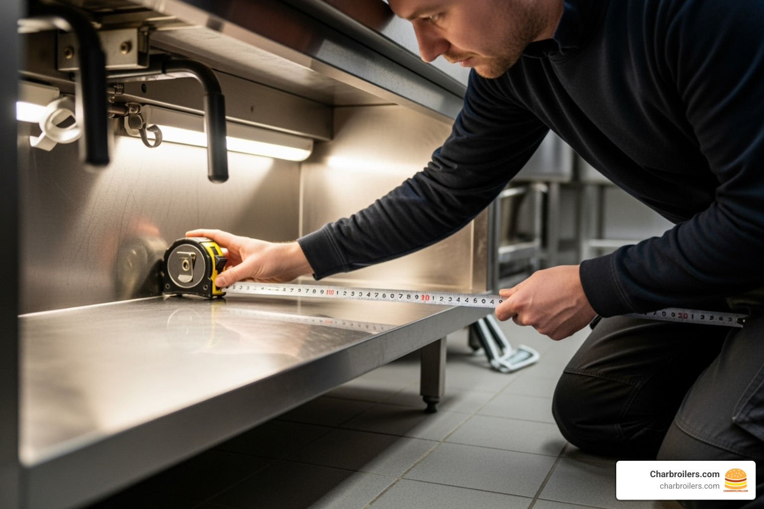 person using a tape measure to check the dimensions of the space under a commercial countertop. - under cabinet freezer