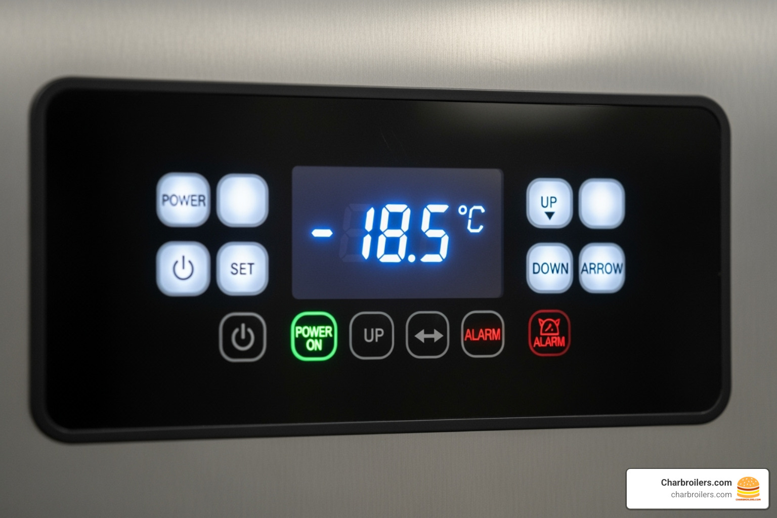 modern digital temperature control panel on a freezer, displaying a sub-zero temperature. - under cabinet freezer