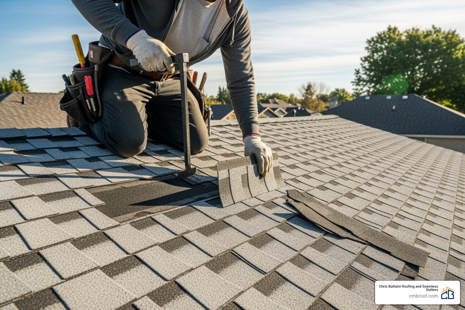 roofer carefully replacing a single damaged asphalt shingle - residential roof repair service