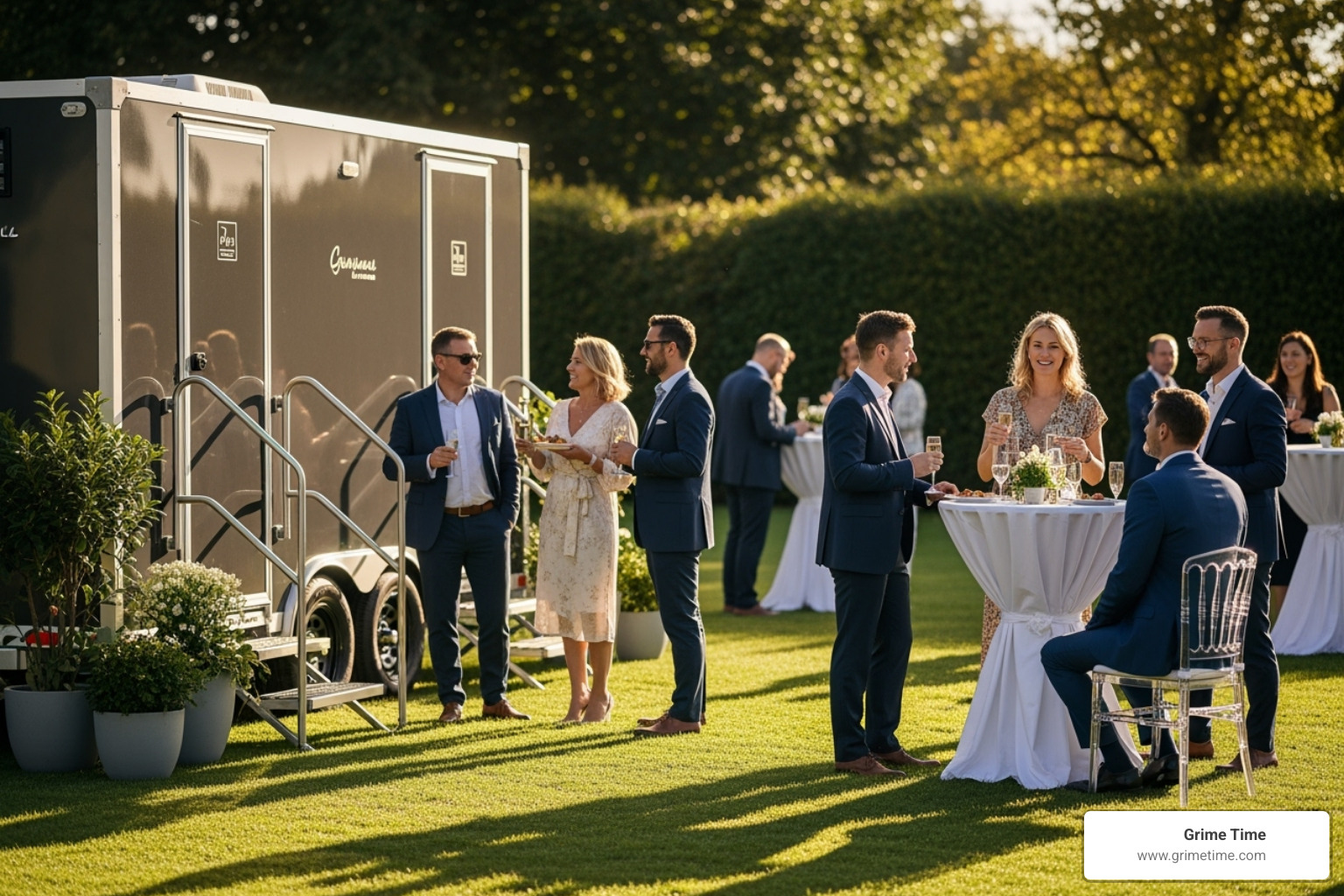 happy guests at an neat outdoor event with a luxury restroom trailer in the background - fancy porta potty rentals
