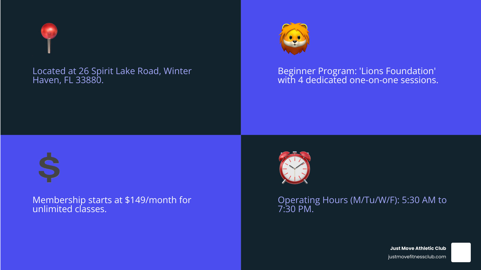 Infographic detailing key information about our CrossFit program, including beginner programs, membership options, and operating hours - crossfit winter haven fl infographic 4_facts_emoji_blue