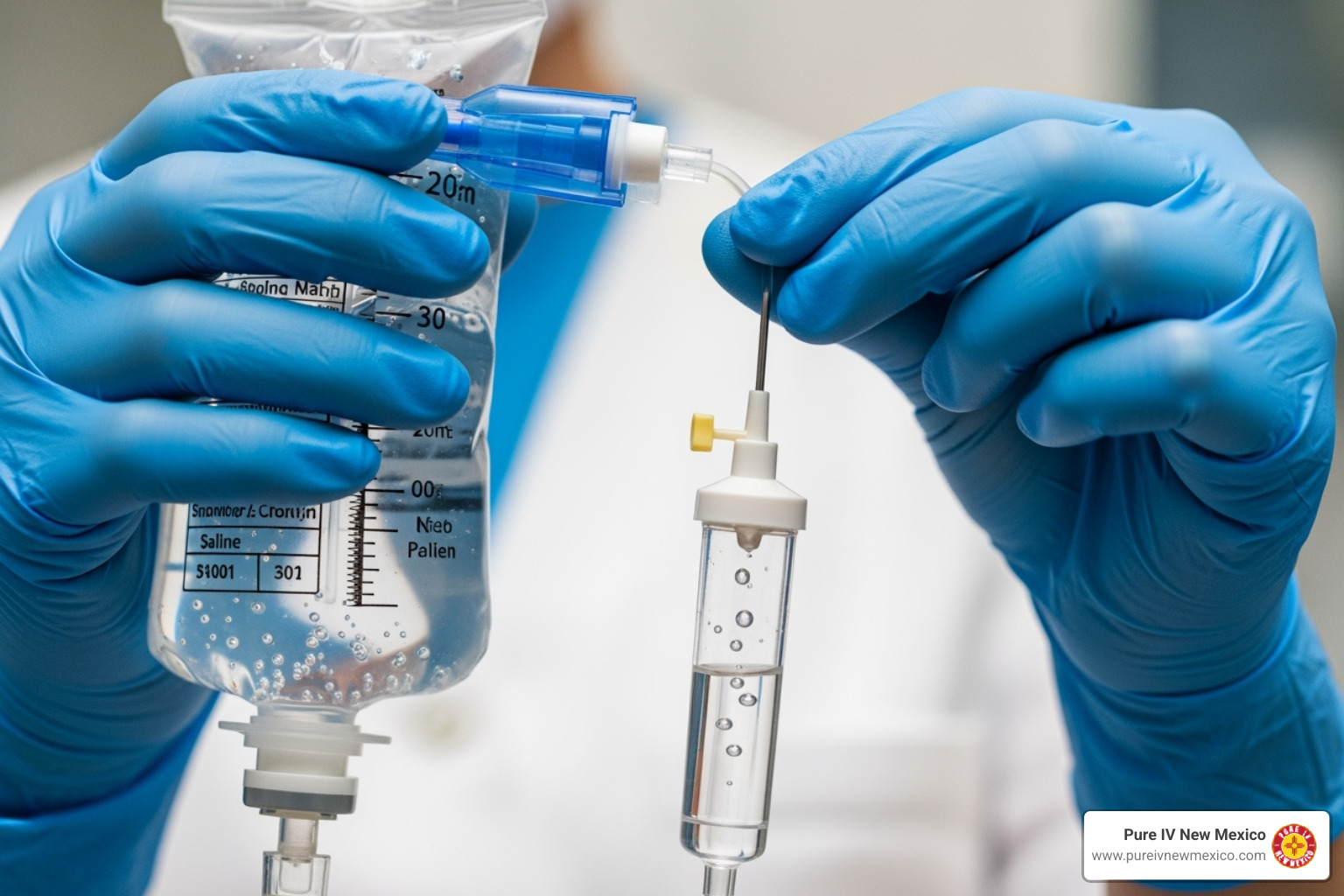 qualified nurse preparing an IV drip with gloves on - hydration infusion therapy