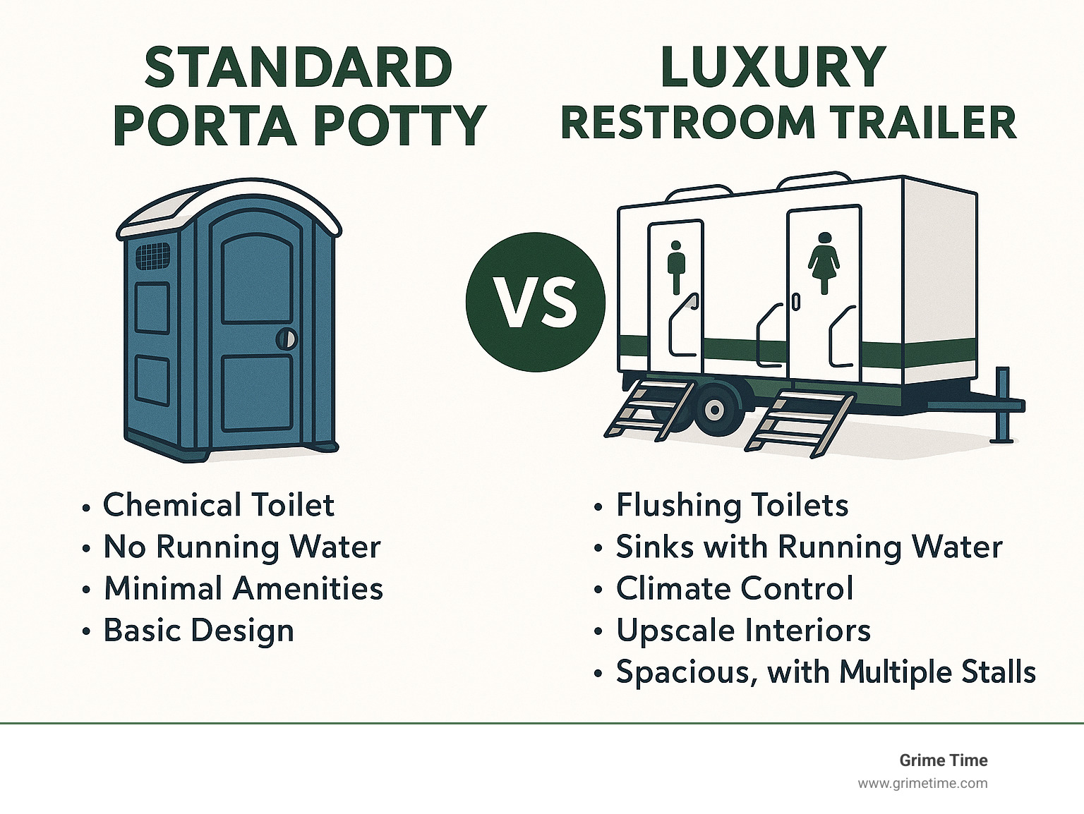 Infographic explaining the key differences between a standard porta potty and a luxury restroom trailer - fancy porta potty rentals infographic 