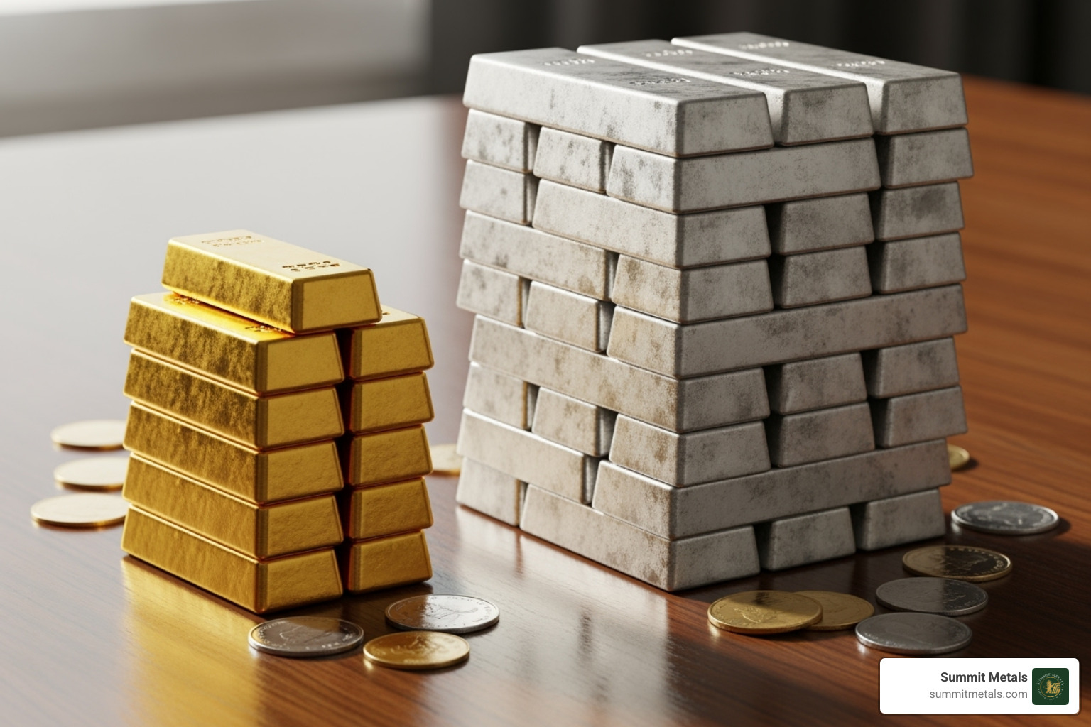 Image comparing the physical volume of $50,000 in gold vs. $50,000 in silver - precious metals storage
