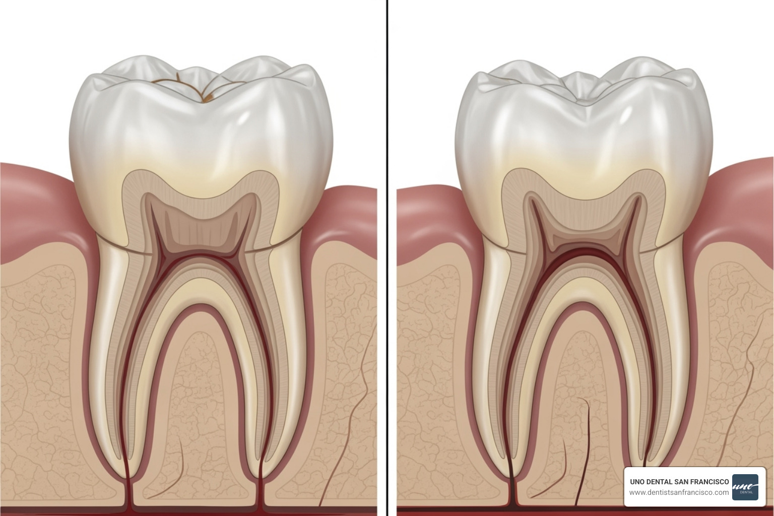 diagram showing minimal tooth removal vs. aggressive removal for a crown - minimally invasive dentistry san francisco