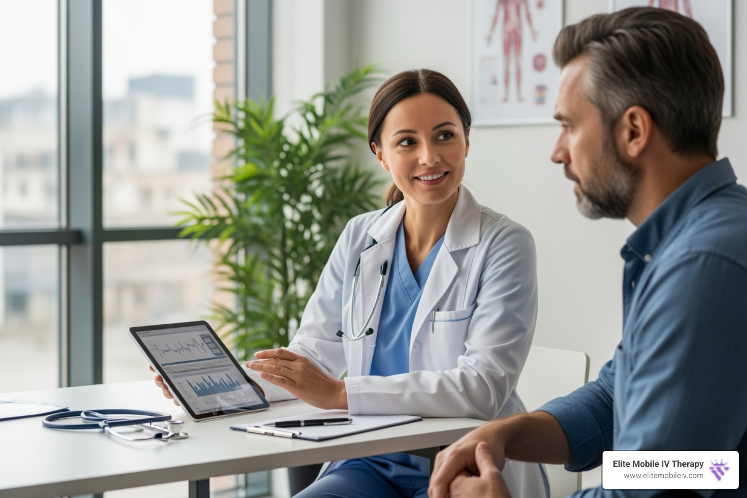 medical professional discussing potential risks with a patient - Myers cocktail therapy