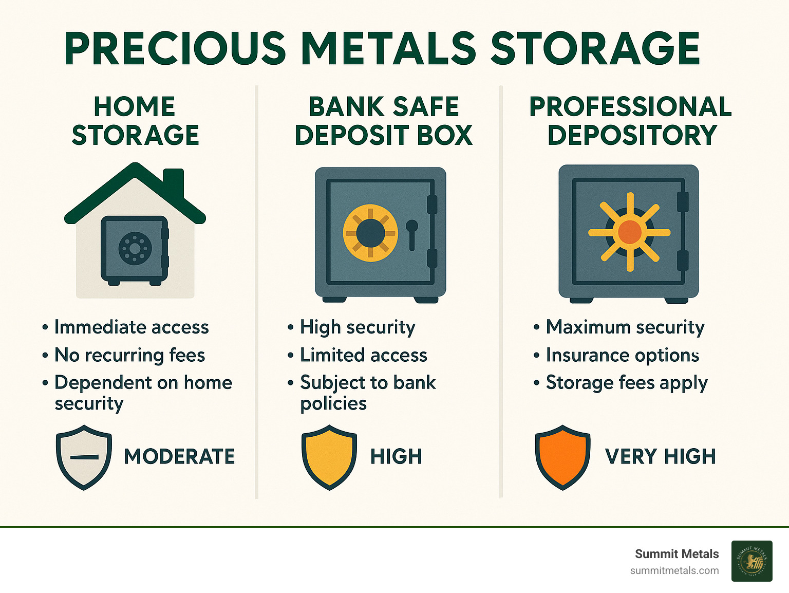 Infographic detailing the three primary precious metals storage options: Home Storage, Bank Safe Deposit Boxes, and Professional Third-Party Depositories, illustrating key features and security levels for each - precious metals storage infographic 
